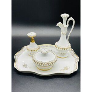 Irice Vintage Vanity Set White w Gold Accent And Applied Floral